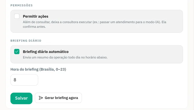 Configuração do Copiloto no CRM Vendas: a permissão para a consultora executar ações, o briefing diário automático ligado e a hora do envio, 8h. Dados fictícios.