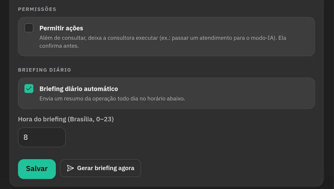 Configuração do Copiloto no CRM Vendas: a permissão para a consultora executar ações, o briefing diário automático ligado e a hora do envio, 8h. Dados fictícios.